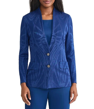 MISOOK Tonal Knit Jacquard Modified Mandarin Collar V-Neck Long Sleeve Jacket