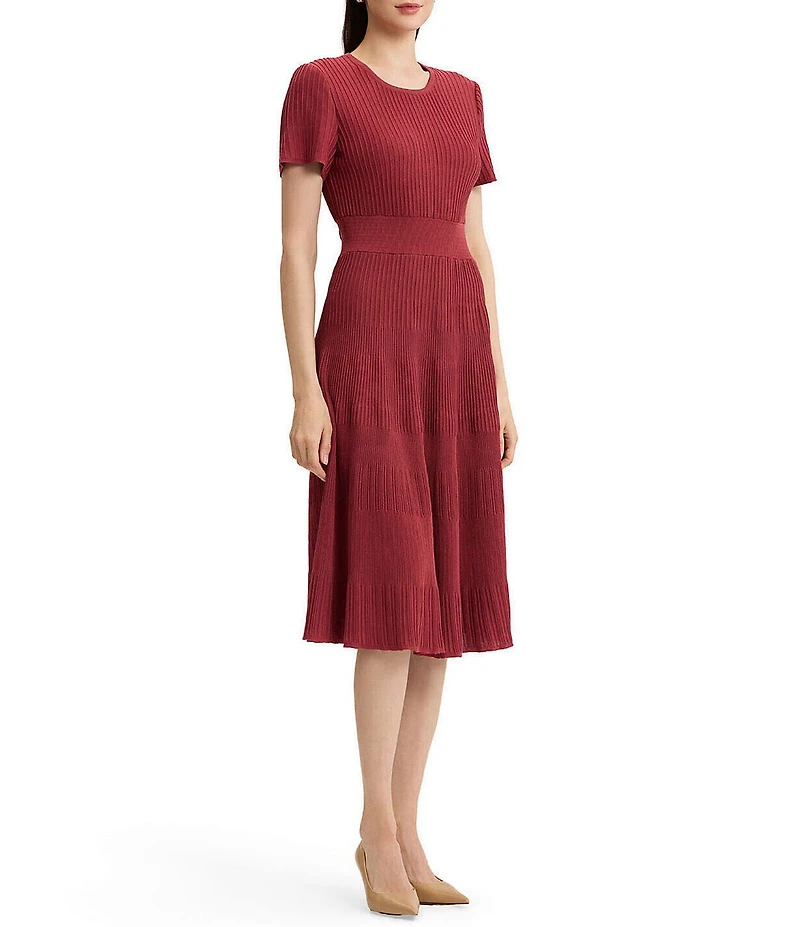 MISOOK Tonal Ribbed Soft Knit Scoop Neck Short Sleeve Fit & Flare Dress