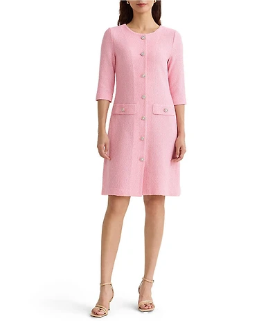 MISOOK Tri-Color Tweed Knit Crew Neck Elbow Sleeve Sheath Dress