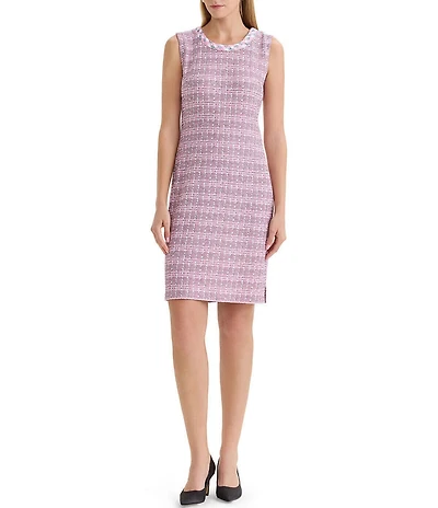 MISOOK Tweed Knit Braided Trim Round Neck Sleeveless Sheath Dress