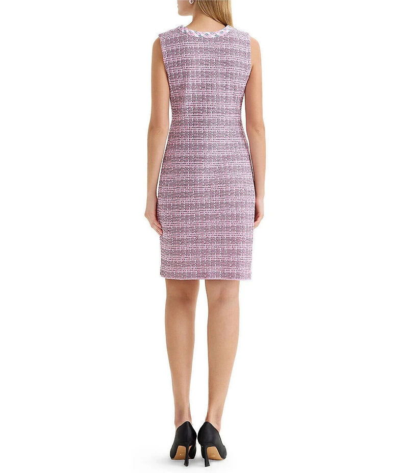 MISOOK Tweed Knit Braided Trim Round Neck Sleeveless Sheath Dress
