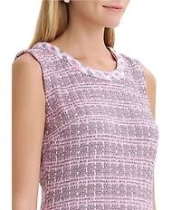 MISOOK Tweed Knit Braided Trim Round Neck Sleeveless Sheath Dress