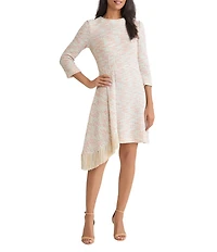 MISOOK Tweed Knit Round Neck 3/4 Sleeve Fringe Faux Wrap Dress