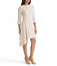 MISOOK Tweed Knit Round Neck 3/4 Sleeve Fringe Faux Wrap Dress