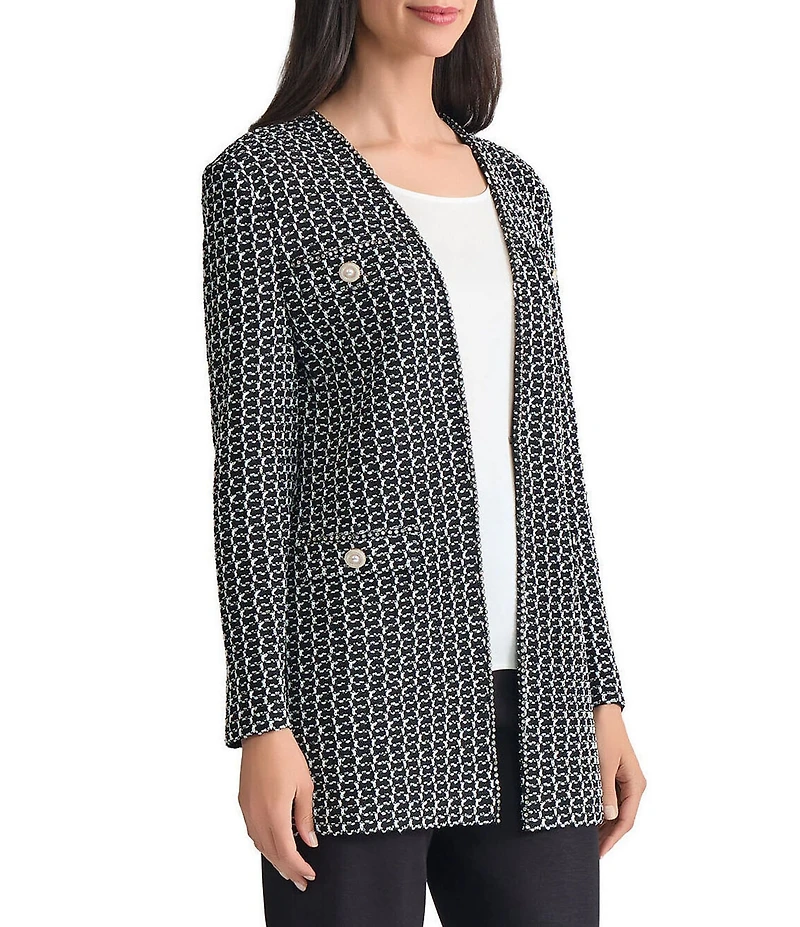 MISOOK Tweed Knit V-Neck Long Sleeve Jewel Trim Jacket