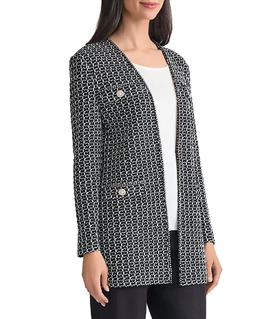 MISOOK Tweed Knit V-Neck Long Sleeve Jewel Trim Jacket