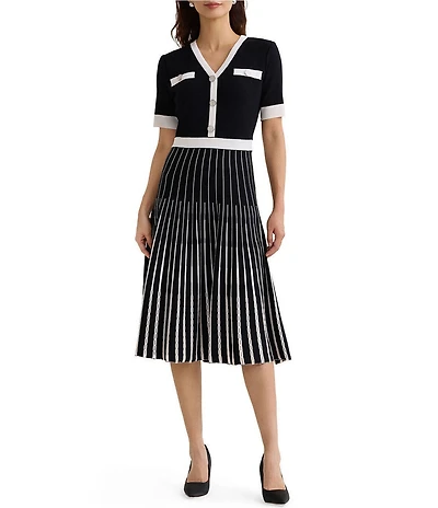 MISOOK Two-Tone Knit V-Neck Short Sleeve Fit-And-Flare Midi Dress