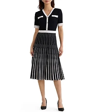 MISOOK Two-Tone Knit V-Neck Short Sleeve Fit-And-Flare Midi Dress