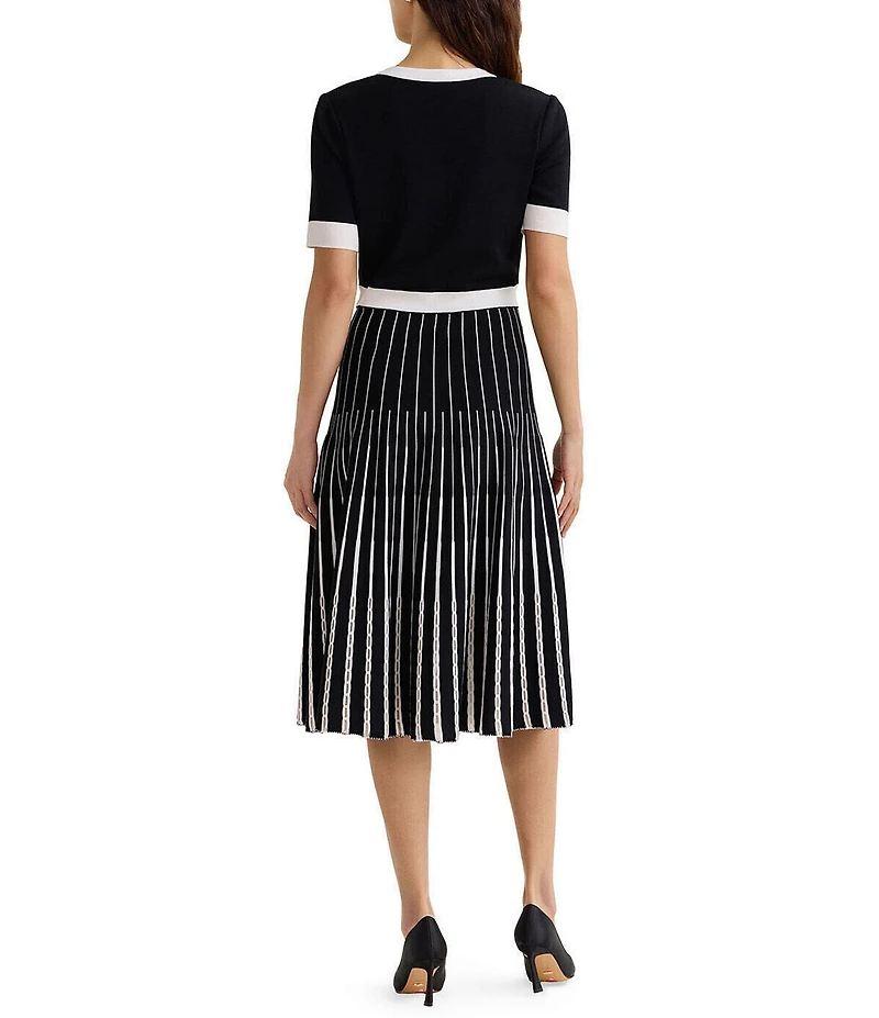 MISOOK Two-Tone Knit V-Neck Short Sleeve Fit-And-Flare Midi Dress