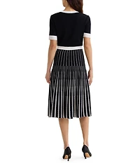 MISOOK Two-Tone Knit V-Neck Short Sleeve Fit-And-Flare Midi Dress