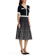 MISOOK Two-Tone Knit V-Neck Short Sleeve Fit-And-Flare Midi Dress