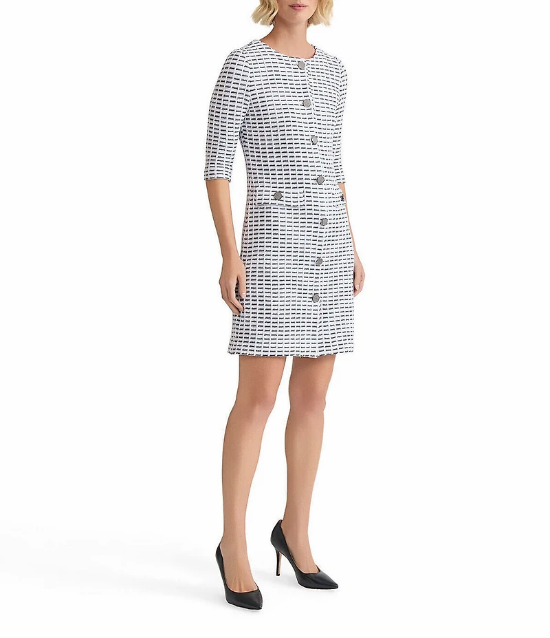 MISOOK Two-Tone Tweed Knit Round Neck Elbow Sleeve Dress