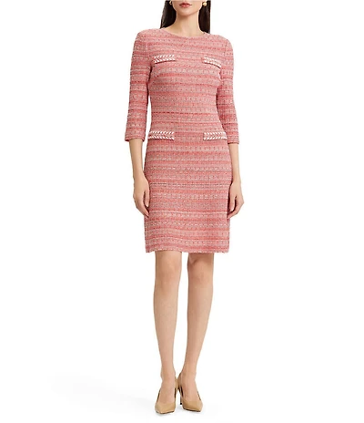 MISOOK Whipstitch Tweed Knit Crew Neck 3/4 Sleeve Sheath Dress