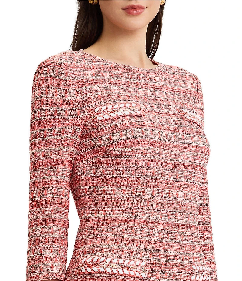 MISOOK Whipstitch Tweed Knit Crew Neck 3/4 Sleeve Sheath Dress