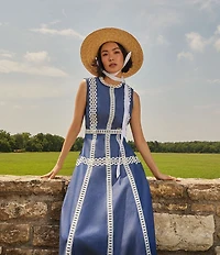 MISOOK Woven Eyelet Lace Contrast Trim Round Neck Sleeveless Fit And Flare Maxi Dress