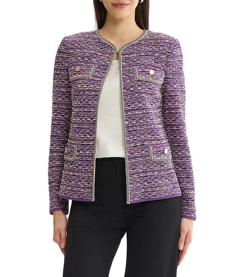 MISOOK Wrinkle-Resistant Lurex Eyelash Ribbon Knit Round Neck Long Sleeve Jacket