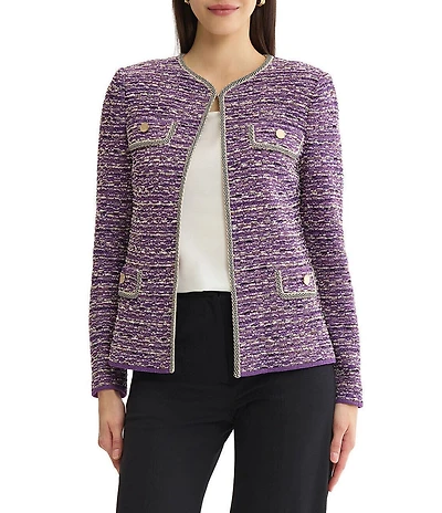 MISOOK Wrinkle-Resistant Lurex Eyelash Ribbon Knit Round Neck Long Sleeve Jacket