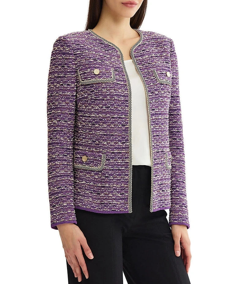 MISOOK Wrinkle-Resistant Lurex Eyelash Ribbon Knit Round Neck Long Sleeve Jacket