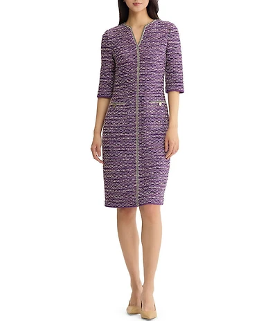 MISOOK Wrinkle-Resistant Lurex Eyelash Ribbon Knit Split V-Neck Elbow Sleeve Dress