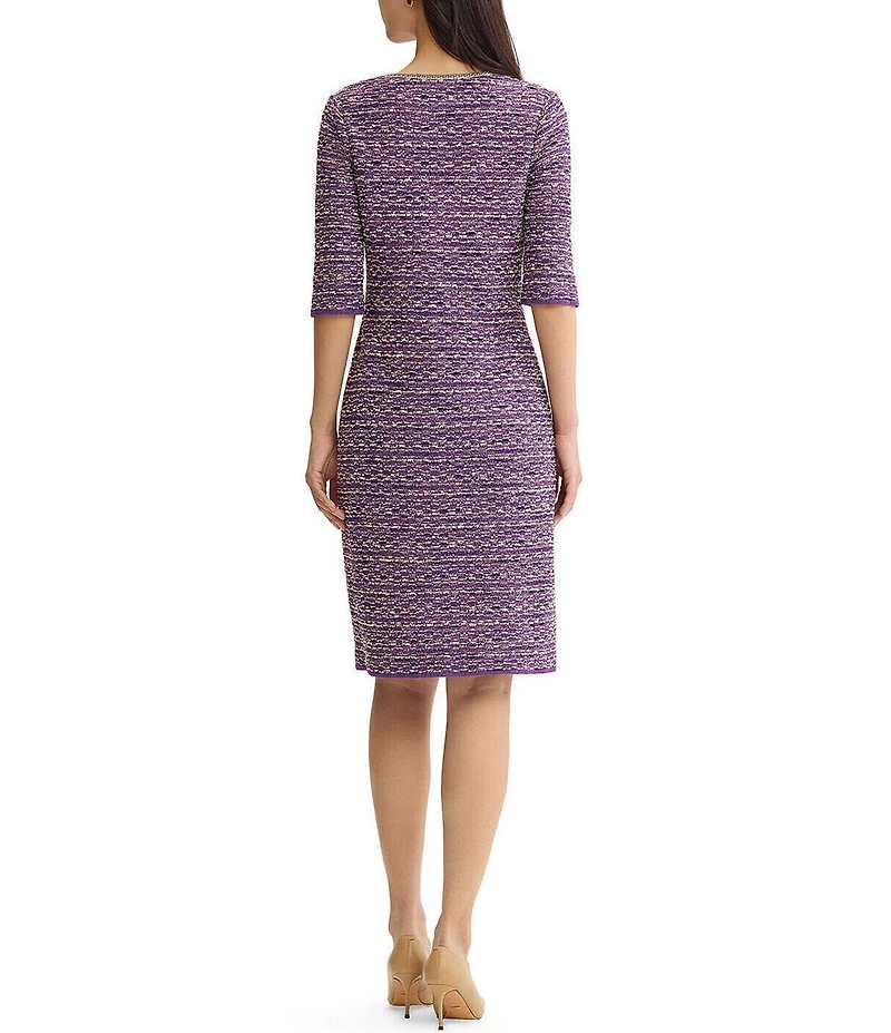 MISOOK Wrinkle-Resistant Lurex Eyelash Ribbon Knit Split V-Neck Elbow Sleeve Dress