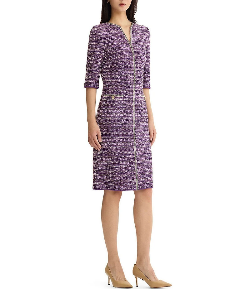 MISOOK Wrinkle-Resistant Lurex Eyelash Ribbon Knit Split V-Neck Elbow Sleeve Dress