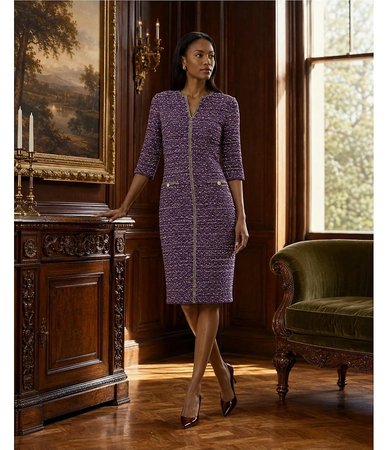 MISOOK Wrinkle-Resistant Lurex Eyelash Ribbon Knit Split V-Neck Elbow Sleeve Dress