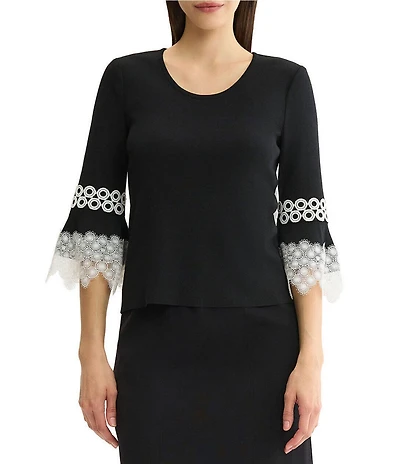 MISOOK Wrinkle-Resistant Scoop Neck 3/4 Lace Applique Bell Sleeve Knit Top