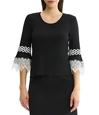 MISOOK Wrinkle-Resistant Scoop Neck 3/4 Lace Applique Bell Sleeve Knit Top