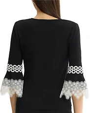 MISOOK Wrinkle-Resistant Scoop Neck 3/4 Lace Applique Bell Sleeve Knit Top