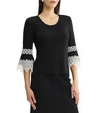 MISOOK Wrinkle-Resistant Scoop Neck 3/4 Lace Applique Bell Sleeve Knit Top