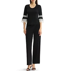 MISOOK Wrinkle-Resistant Scoop Neck 3/4 Lace Applique Bell Sleeve Knit Top