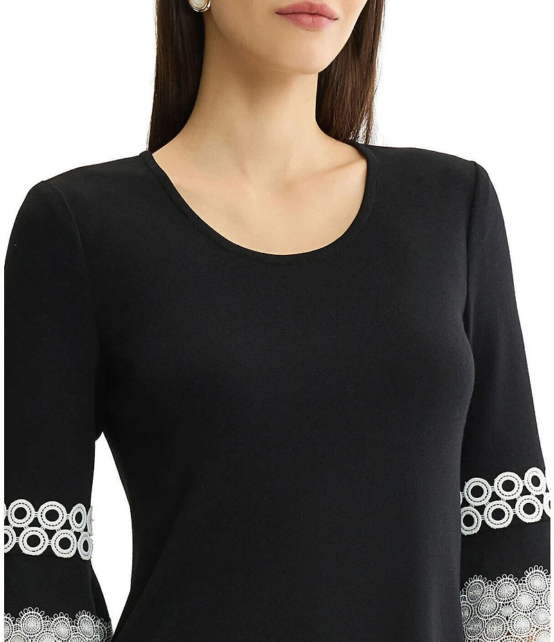 MISOOK Wrinkle-Resistant Scoop Neck 3/4 Lace Applique Bell Sleeve Knit Top