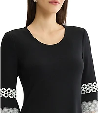 MISOOK Wrinkle-Resistant Scoop Neck 3/4 Lace Applique Bell Sleeve Knit Top