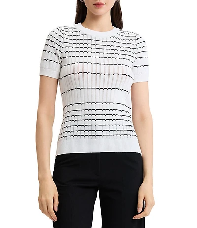 MISOOK Wrinkle-Resistant Soft Knit Stripe Ribbed Round Neck Short Sleeve Top