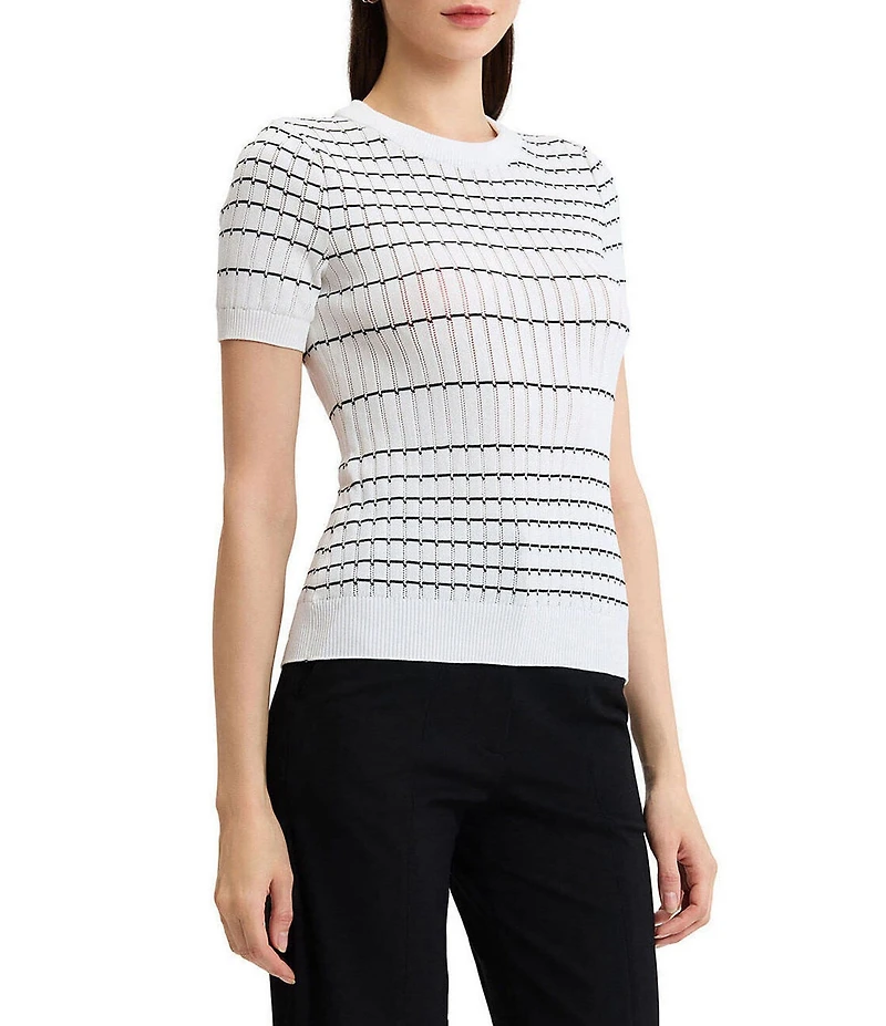 MISOOK Wrinkle-Resistant Soft Knit Stripe Ribbed Round Neck Short Sleeve Top