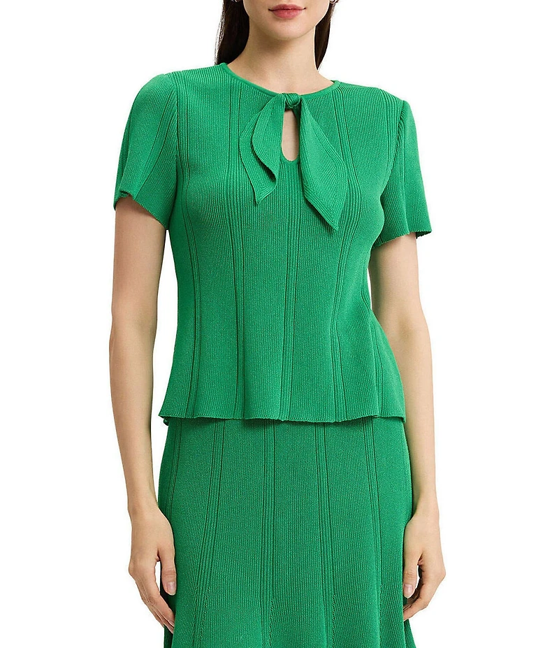 MISOOK Wrinkle-Resistant Soft Tonal Ribbed Knit Coordinating Tie-Neck Top