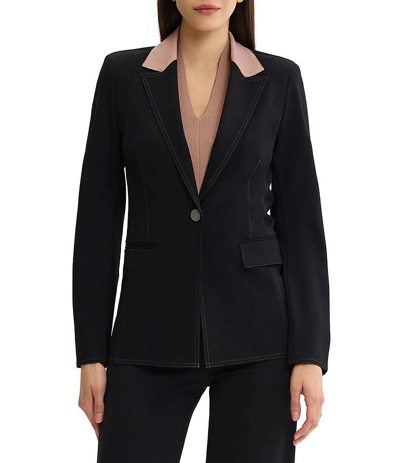 MISOOK Wrinkle-Resistant Tailored Luxe Stretch Ponte Peak Lapel Long Sleeve One-Button Jacket