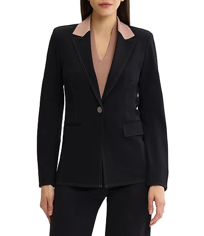 MISOOK Wrinkle-Resistant Tailored Luxe Stretch Ponte Peak Lapel Long Sleeve One-Button Jacket