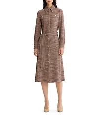 MISOOK Wrinkle-Resistant Tweed Knit Point Collar Long Sleeve Button-Front Belted Shirtdress