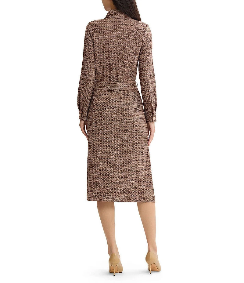 MISOOK Wrinkle-Resistant Tweed Knit Point Collar Long Sleeve Button-Front Belted Shirtdress