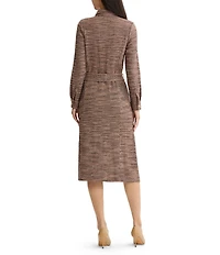MISOOK Wrinkle-Resistant Tweed Knit Point Collar Long Sleeve Button-Front Belted Shirtdress