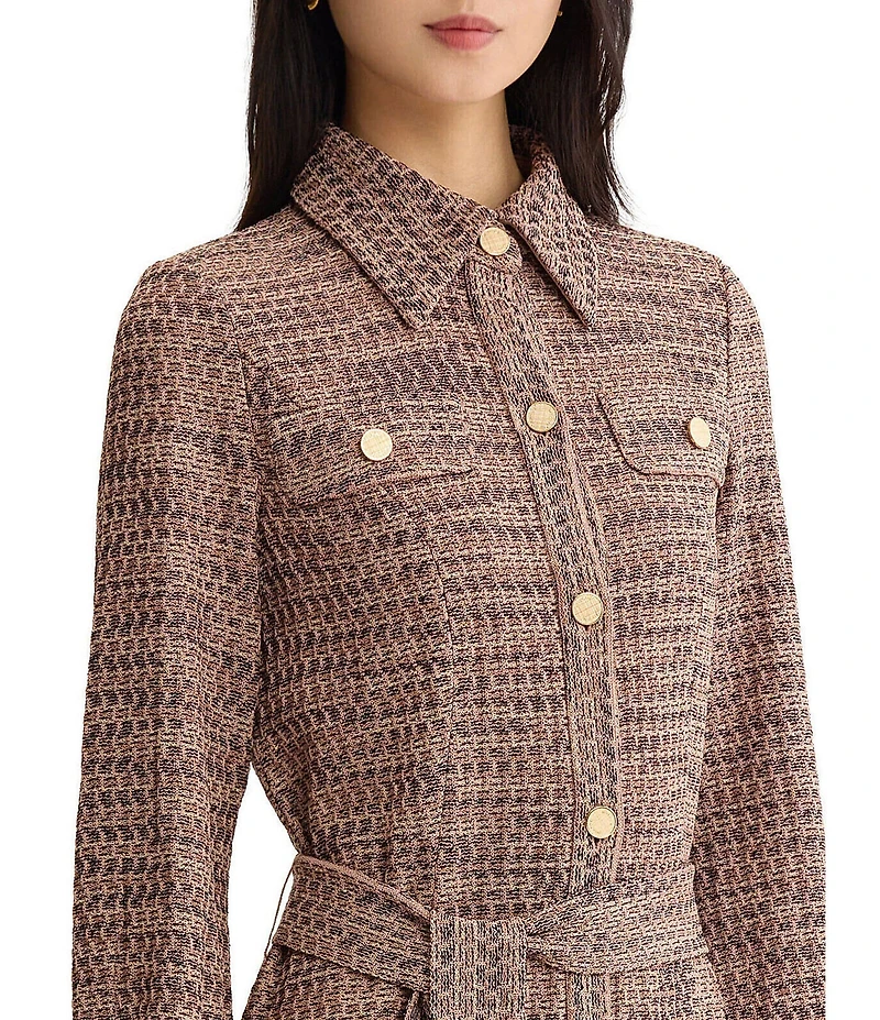 MISOOK Wrinkle-Resistant Tweed Knit Point Collar Long Sleeve Button-Front Belted Shirtdress