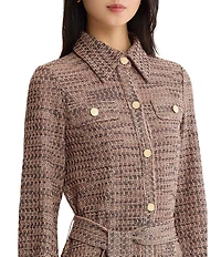 MISOOK Wrinkle-Resistant Tweed Knit Point Collar Long Sleeve Button-Front Belted Shirtdress