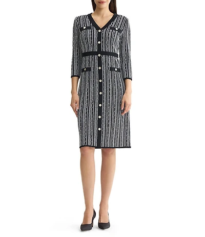MISOOK Wrinkle-Resistant Vertical Stitch Knit V-Neck 3/4 Sleeve Dress