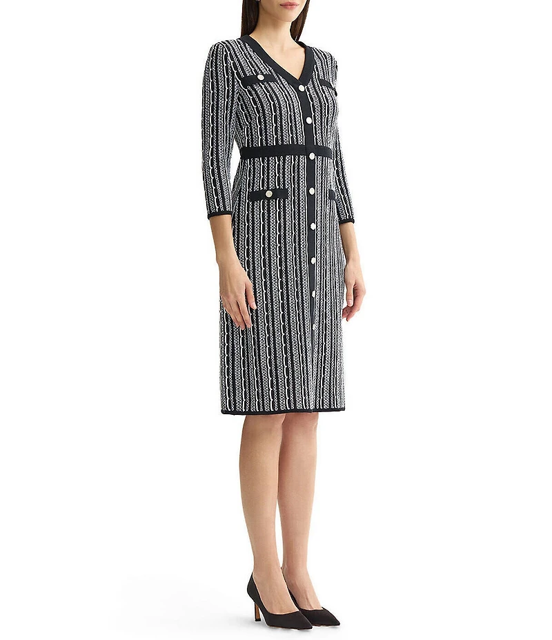 MISOOK Wrinkle-Resistant Vertical Stitch Knit V-Neck 3/4 Sleeve Dress