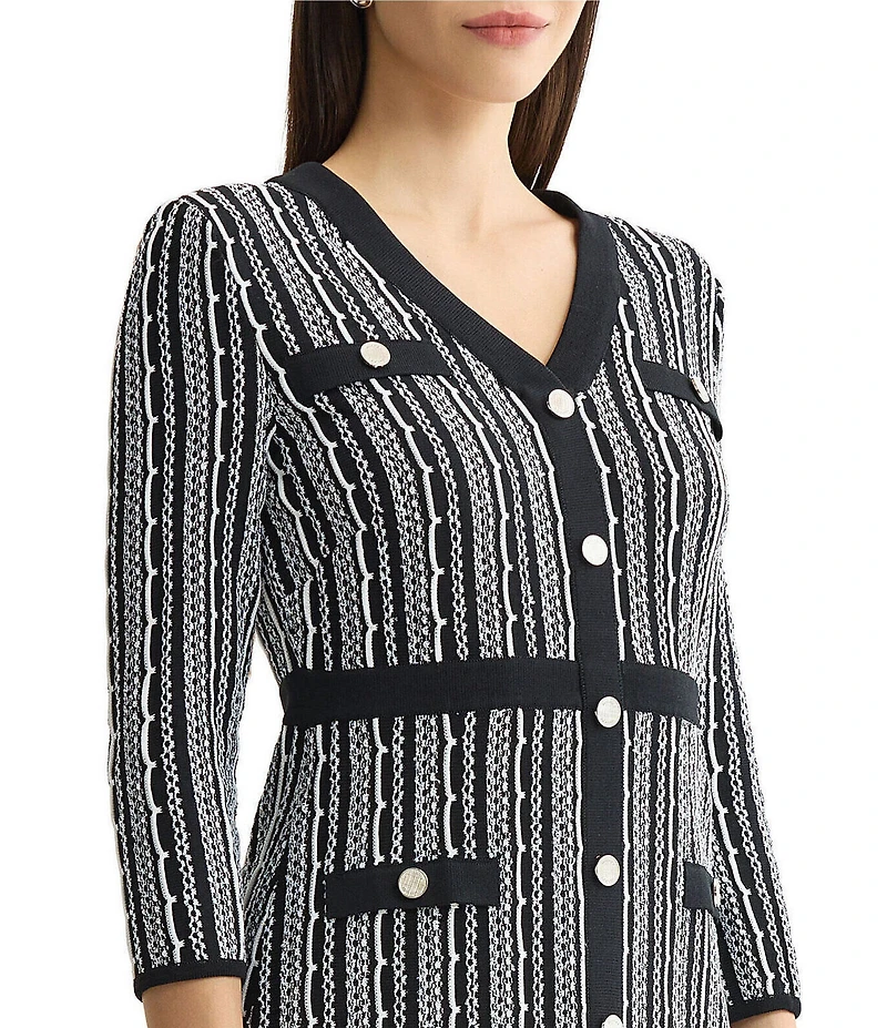 MISOOK Wrinkle-Resistant Vertical Stitch Knit V-Neck 3/4 Sleeve Dress