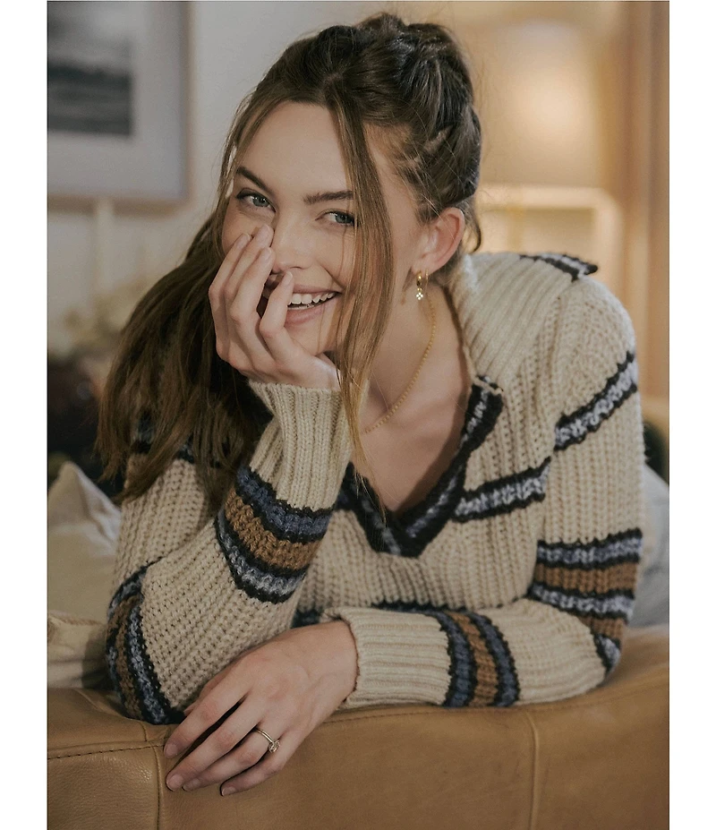 MISOOK x Lani Lynn Alpaca Blend Chunky Stripe Knit V-Neck Collared Long Sleeve Sweater