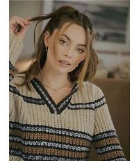 MISOOK x Lani Lynn Alpaca Blend Chunky Stripe Knit V-Neck Collared Long Sleeve Sweater