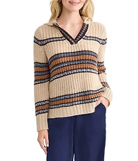 MISOOK x Lani Lynn Alpaca Blend Chunky Stripe Knit V-Neck Collared Long Sleeve Sweater