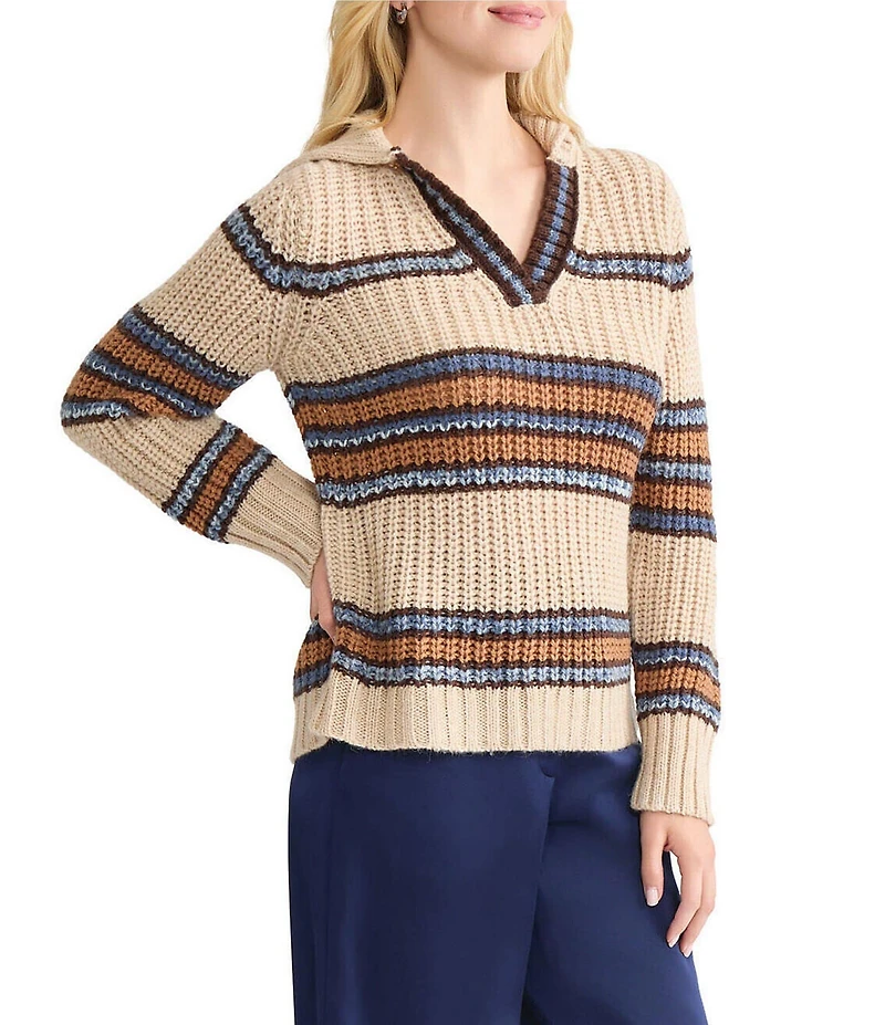 MISOOK x Lani Lynn Alpaca Blend Chunky Stripe Knit V-Neck Collared Long Sleeve Sweater